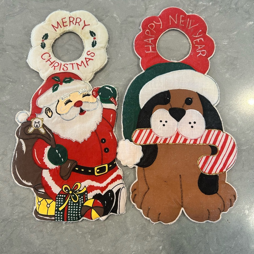SET OF 2 TOWEL ART DOOR KNOB HANGERS SANTA AND PUPPY DOG 12” Long Xmas New Years